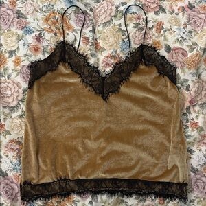 Bershka Gold Velvet Camisole with Black Lace